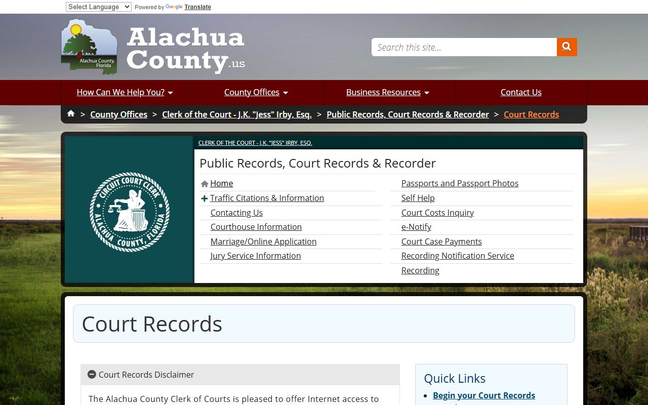 Alachua County dissolution of marriage records source screenshot