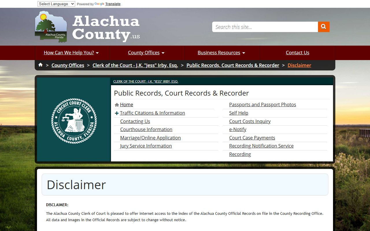 Alachua County dissolution of marriage records source screenshot