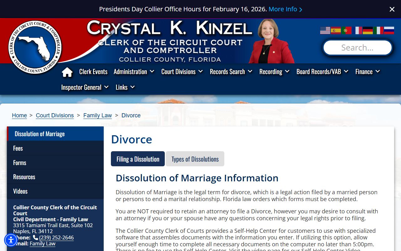 Collier County dissolution of marriage records source screenshot