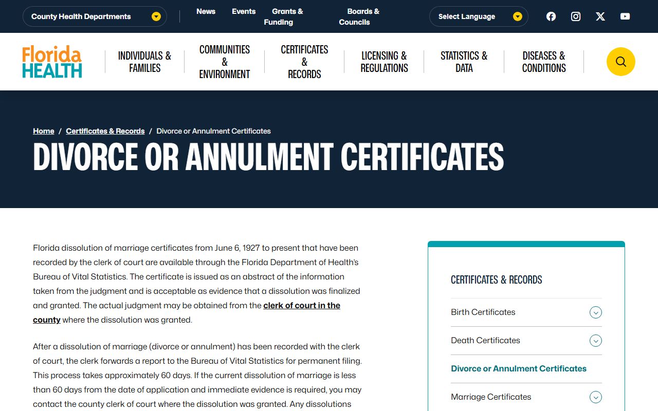 Florida dissolution of marriage records source screenshot